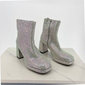 FINDVELL Rhinestone Platform Ankle Boots 6 Silver Iridescent Block Heel Zip Up